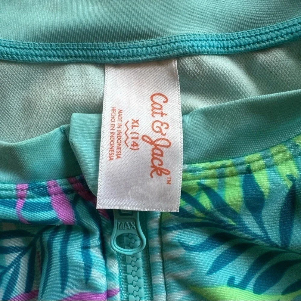 Cat & Jack Swimsuit Tropical Leaf Print Girls XL Rashguard Sleeves Zipper Aqua